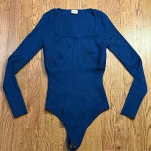 Abercrombie Ribbed Bodysuit Large Blue Square Neck Long Sleeve